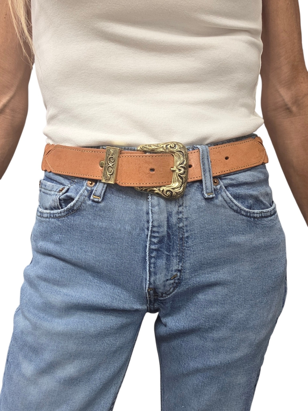 Vintage Leather Western Boho Belt Gold Buckle Woven Small